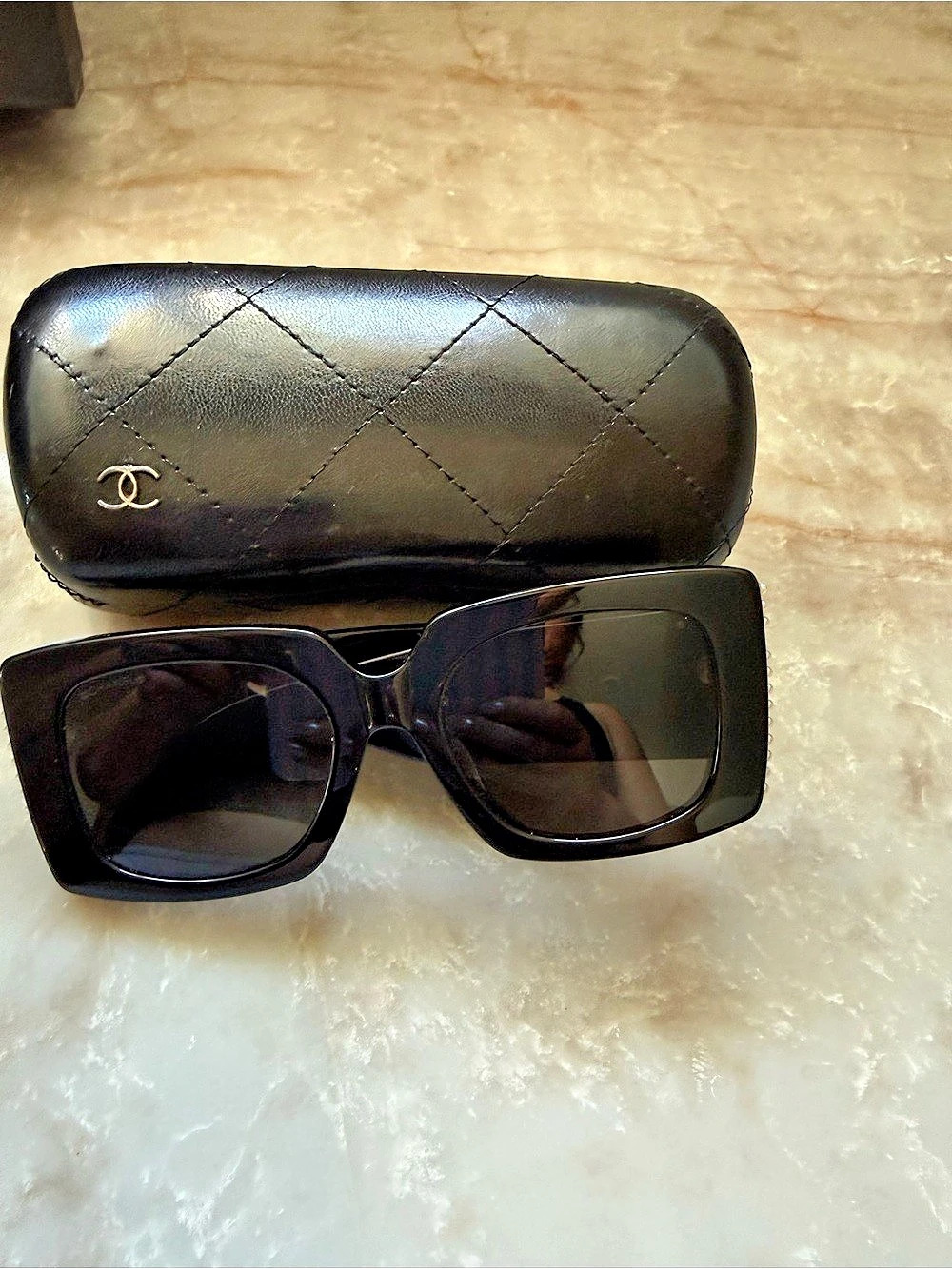 Chanel Acetate Pearl Rectangle Sunglasses 5480-H Black